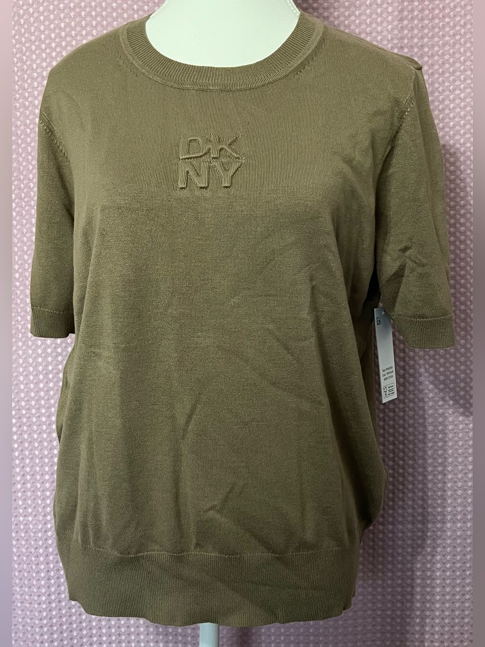 DKNY Olive Knit Short Sleeve Top - Neutral Olive Tone